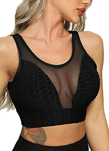 RIOJOY Soutien-Gorge Sport Femme sans Armatures,Brassière Maintien Rembourré,Top Yoga Push Up Grande Taille,Bralette avec Coussinets Amovibles sous-vêtements Élastique F-Noir S Cover