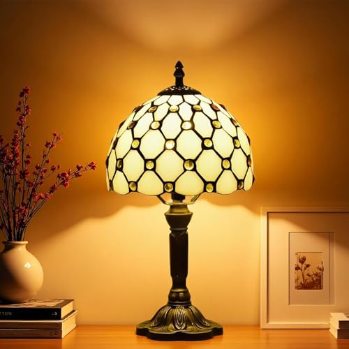 Exporify Tiffany Style Yellow Beads Stained Glass Table Lamp, 8-Inch Small Bedside Lamp – Handcrafted Vintage Accent Light for Living Room, Bedroom, or Office, Includes LED Bulb