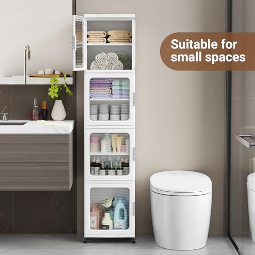 Image of BROVIEW 4-Tier Tall Narrow Storage Cabinet 14.6 inch Wide, Slim Bathroom Cabinets with Adjustable Shelves and Doors, Plastic Kitchen Pantry Organizers and Storages for Small Space, Laundry, White