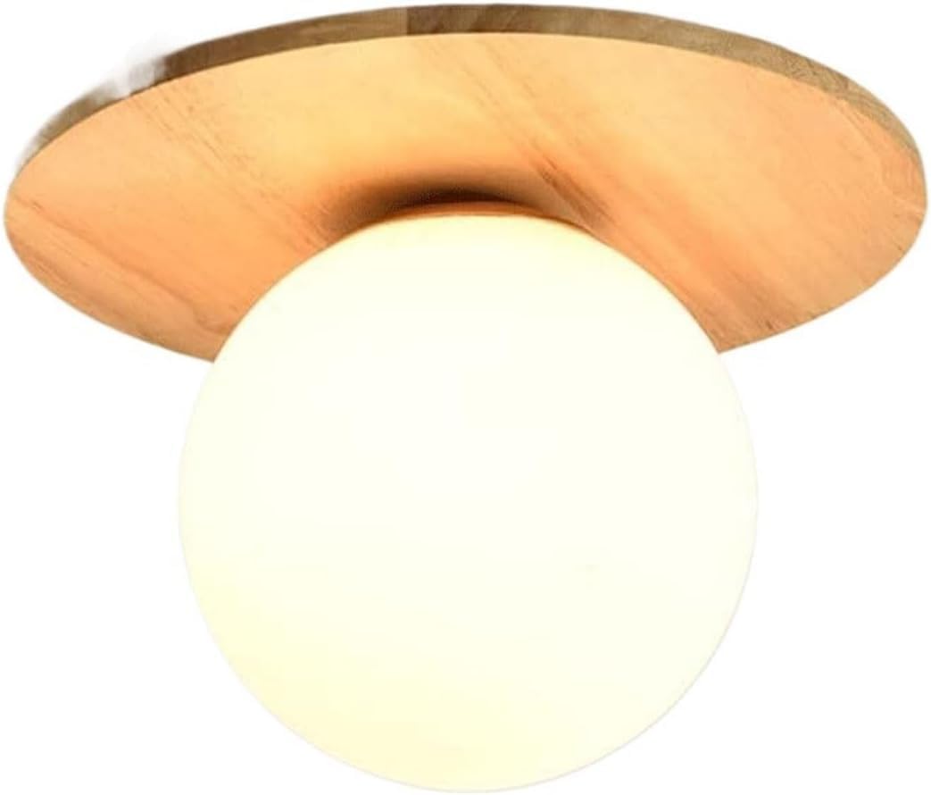 Japanese Style Solid Wood Ceiling Light,E26/27 Base Semi Flush Mount Chandelier,Round Glass Ceiling Lamp Close to Ceiling Light Fixtures for Office Study Kitchen Living Room Hallway