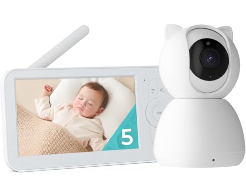 Image of hazen No WiFi Baby Monitor with Camera and Audio, 5 inch Screen, 30-Hour Battery Life, Pan-Tilt-Zoom Camera, Night Vision, VOX, 2-Way Talk, 8 Lullabies, 1000ft Range, Baby Essentials, White
