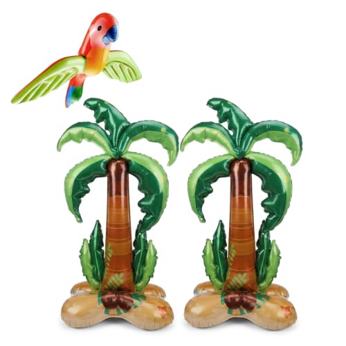 2 Pcs Inflatable Palm Tree with Inflatable Parrot Large Palm Trees Hawaiian Party Decorations Jungle Summer Beach Party Decorations for Birthday Party Decorations
