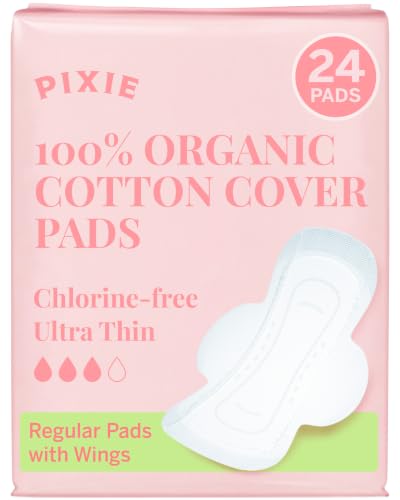 Pixie Organic Cotton Ultra Thin Pads with Wings for Women - Leak-Proof & Moisture-Wicking for Feminine Care - Compostable, Unscented Menstrual Pads - Regular Absorbency - 24 Count