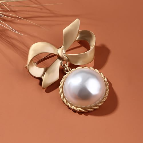 Image of Bow Knot Faux Pearl Brooch Pin for Women Girls 14k Golden Plated Bowknot Ribbon Lapel Brooches Pins Vintage Christmas Birthday Jewelry Gifts for Suit Dress Accessories