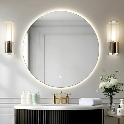MYGIIVOVO Espejo de pared redondo para baño, espejo de baño con iluminación, espejo de 50 cm con luz LED, interruptor táctil y 3 colores regulables