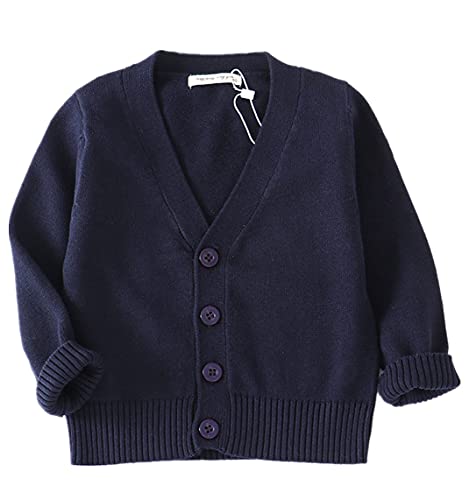 PTPUKE Unisex Boy  Girls  Cardigans Sweater V-Neck Long Sleeve Button Soild Cotton Knit Sweaters for 1-8 Years Dark Blue