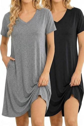 Ekouaer 2er Nachthemd Damen Kurzarm Sleepshirt V-Ausschnitt Nachtkleid Print Schlafshirt Zweiteiliger Nachtkleid Große Hauskleid mit Taschen,Schwarz + Grau,XXL