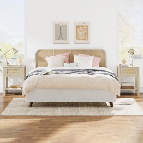 Image of Eclatara Rattan Nightstand Set of 2: Sturdy Night Stand with Rattan Decor Drawer, Farmhouse Nightstand Bedside Table Boho End Tables Side Tables for Bedroom (Natural Light Oak,2 Pieces)
