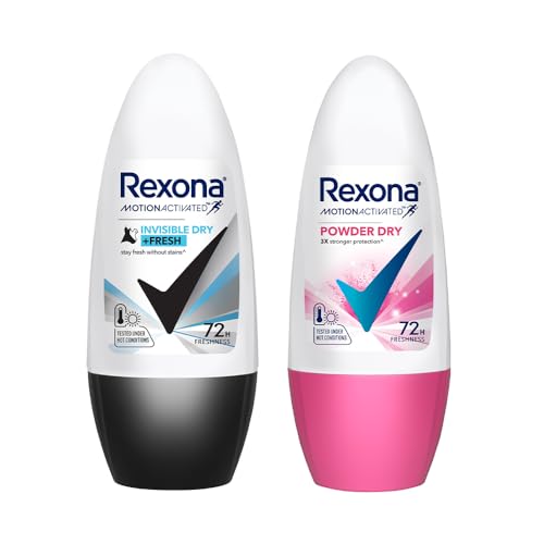Image of Rexona Roll-On Deodorant | Invisible Dry + Powder Dry Motion Activated Deo for Women | up to 72Hr odour protection | 45 ML each