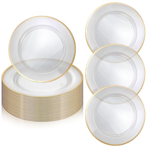 Meyeyaia 25pcs Gold Charger Plates Bulk,12 Inches Clear Charger Plate with Gold Trim,Plastic Disposable Chargers Plates for Dinner, Wedding, Party, New Year
