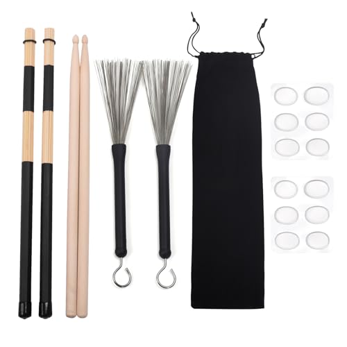 Seteol Drum Sticks Set, a Pair of 5A Drum Sticks, a Pair of Drum Rods Brushes,a Pair of Retractable Drum Wire Brushes,12PCS Drum Dampeners with Portable Bag for Rock Band, Jazz Folk Students,Black