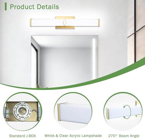 Image of 24 Inch Bathroom Vanity Light 2500LM, AC 120V 5CCT Modern Bathroom Lighting Fixtures Over Mirror Dimmable, 25W Gold LED Vanity Lighting Fixtures Wall Sconce ETL Certified, 1Pack