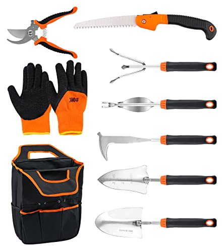 Garden Tool Sets with Organizer, 9 Piece Stainless Steel Heavy Duty Gardening Tool Kit Including Hand Saw, Hand Trowel, Hand Rake, Transplanter, Weeder, Crack Weeder, Pruner, Gloves, Storage Bag