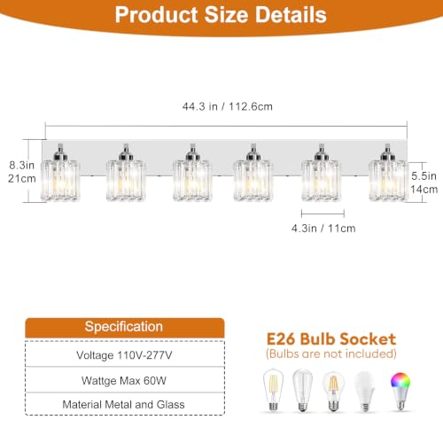 Image of Brushed Chrome Crystal Bathroom Vanity Light, 6-Light Modern Bathroom Lighting Fixtures Over Mirror,Chrome Wall Sconce Light Fixtures with Square Shade