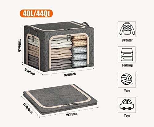 Image of 3 Openings Clothes Storage Bins with Metal Frame, Foldable Storage Bin for Clothes, Clothing Storage Bins with Lid, Linen Storage Box With Clear Window& Zippers& Durable Handles.(3 Pcs,Dark Grey,40L)