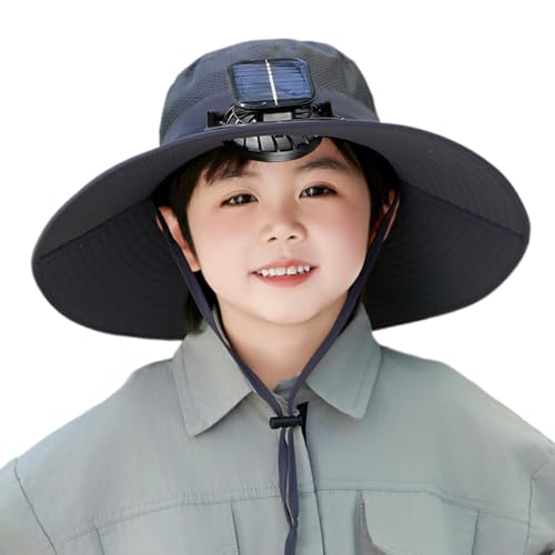Solar Fan Hat for Kids, Wide Brim Beach Hat with Fans Solar Power Waterproof Summer Hat for Children Hiking, Camping