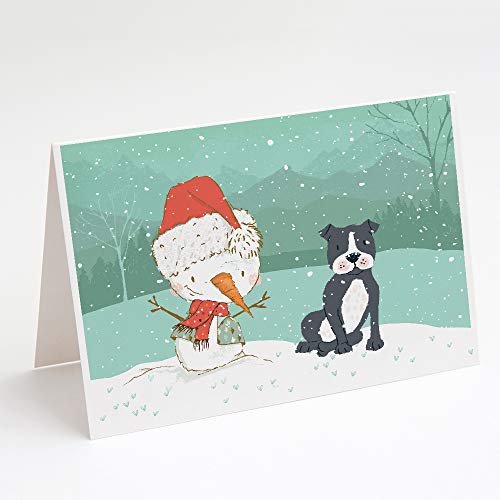 Caroline's Treasures CK2075GCA7P Black Staffie Snowman Christmas Greeting Cards and Envelopes Pack of 8 Blank Cards with Envelopes Whimsical A7 Size 5x7 Blank Note Cards