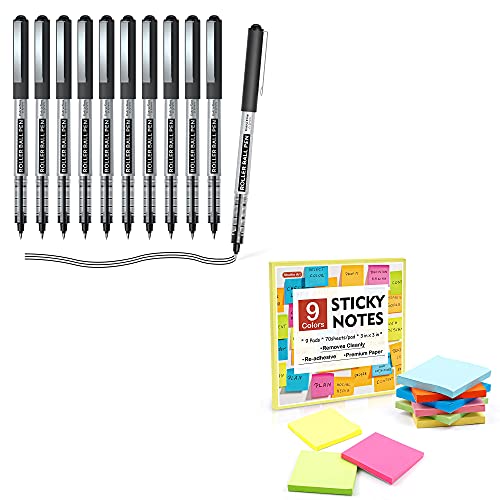 Shuttle Art School & Work Supplies Bundle, 10 Black Liquid Ink Rollerball Pens + 9 Bright Colors Sticky Notes for Writing Journaling Taking Notes School Office Home