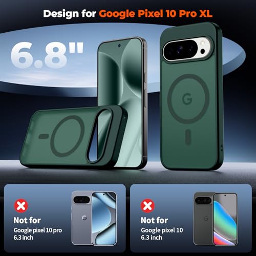 Image of SUPFINE Magnetic for Google Pixel 10 Pro XL Case with Screen Protector, (Built-in Magnets) ((Military Grade Drop Protection) Slim Translucent Shockproof Phone Case,Forest Green