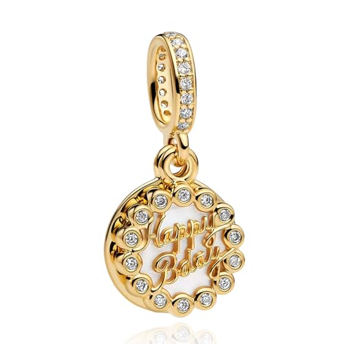 Simphman Golden Happy Birthday Cake Dangle Charm 925 Sterling Silver Charms for Pandora Bracelets and Necklaces Bead Charms with Cubic Zirconia Jewelry Charm for Women Family Friends
