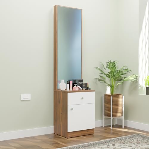 Image of VIKI | Engineered Wood Dressing Table with 1 Drawer & 1 Door, Mirror and Huge Storage Space | Vanity for Living Room, Bedroom (Brussel Walnut & Frosty White - 43.8W x 40D x 182.6H cms)