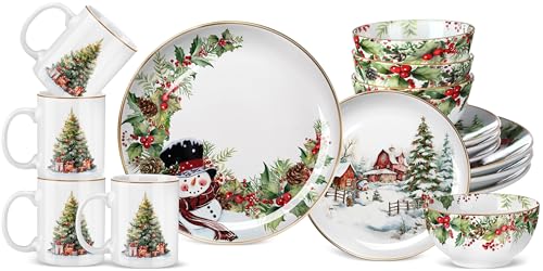 Pickmesh 16 Pcs Christmas Tree Ceramic Dinnerware Serve for 4 Guest Holiday Dinner Festive Collection Gifts Spooky Kitchen Decoration Holly Ivy Dessert Plate Bowl Mug for Holiday Party