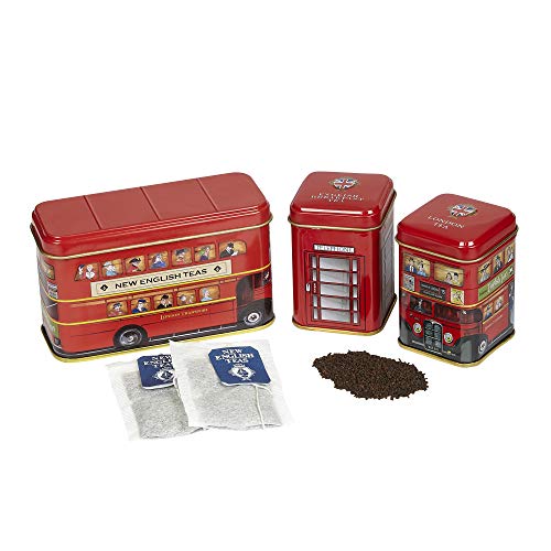 New English Teas British Traditions London Bus 3x Mini Tea Tin Gift Pack with Teabags & Loose-Leaf Tea