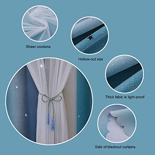 Rainbow Ombre Star Cutouts Blackout Curtains For Girl Kid Nursery Bedroom And Living Room Decor Darken Double Layer Window Cute Grommet Soundproof Darpes Light (Yellow Blue 52W X 95L 2- Panels) #TOP3