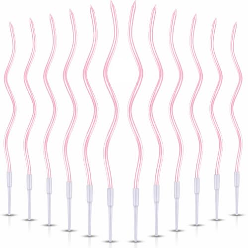 12 Pieces Pearl Pink Spiral Birthday Candles, Long Thin Metallic Twisted Cake Candles with Holders, Cake Toppers for Birthday Wedding Decorations, Anniversary and Parties