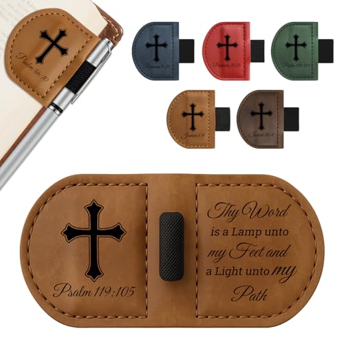 Bygone Mark Personalized Magnetic Leather Bookmark with Pen Holder - Inspirational Bible Verse Scripture Design, Custom Book Marker for Book Lovers Men Women (Brown-Psalm 119:105)