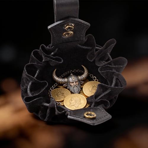 Image of Leather Belt Pouch Medieval Vintage Renaissance Viking LARP Cosplay Costumes Drawstring Coin Purse Phone Holder Waist Bag (A-Black)