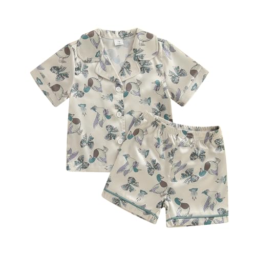 MAINESAKA Kids Baby Girl Boy Satin Pajamas Set Short sleeve Button Down Shirt And Shorts Pjs Summer Sleepwear Nightwear (W-Green, 2-3 Years)