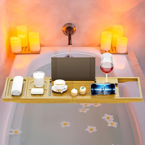 Bath Accessories - Cup Holders - Bathtub Tray Caddy - Bath Tray Expandable - Bath Tub Table Tray Caddy - Bamboo Bath Tray for Tub by Teakhzct - Image 2
