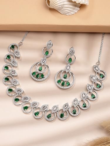 Image of Karatcart Silver Tone Green American Diamond Studded Necklace Set for Women