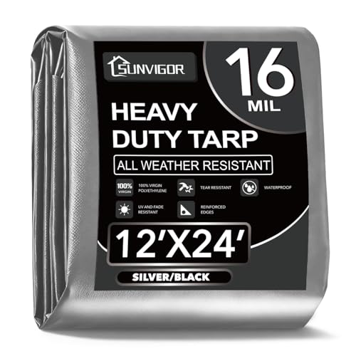 Sunvigor Tarp Waterproof 12x24Ft, Extra Thick 16 Mil Heavy Duty Tarp Cover, Tear & Fade Resistant, Outdoor Tarps with Brass Grommets and Reinforced Edges for Roof, Camping, Patio, Boat (Silver/Black)
