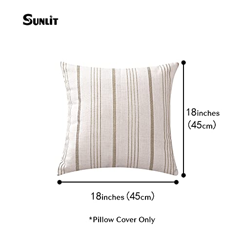 Sunlit Decorative Farmhouse Throw Pillow Case, Set Of 2 Cream/Off-White With Light Brown Stripes Modern Accent Square Pillow Cover, 18" X 18", Textured Linen Cushion Covers For Couch Chair Bedroom #TOP1