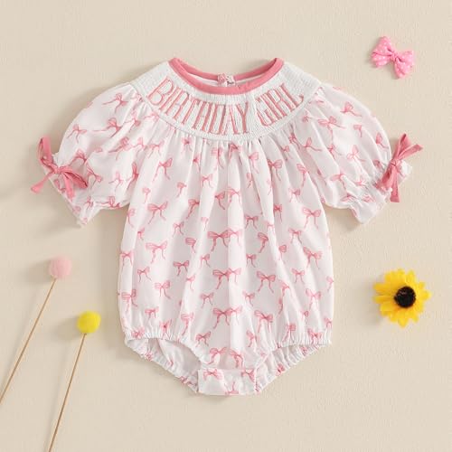 Lamuusaa Toddler Baby Girl Birthday Outfit Smocked Birthday Girl Embroidery Romper Bow Print Bodysuit Summer Outfit2