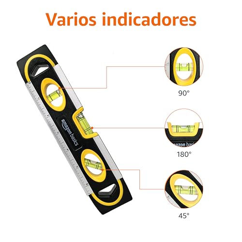 Miniatura 3 de Amazon Basics Nivel Magnético De Bolsillo De 22.8 Cm Con Regla, Ploma Burbujas, 180, 90 Y 45 Grados, Negro Amarillo