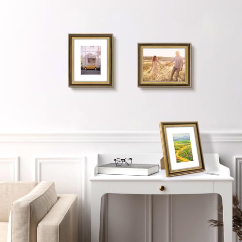 Image of Golden State Art,8x10 Ornate Picture Frame Holds 5x7 Photo,Brown Gold | Includes real glass front,white mat,easel stand,build-in hangers and buttons.Displays 5x7 photo on wall or tabletop