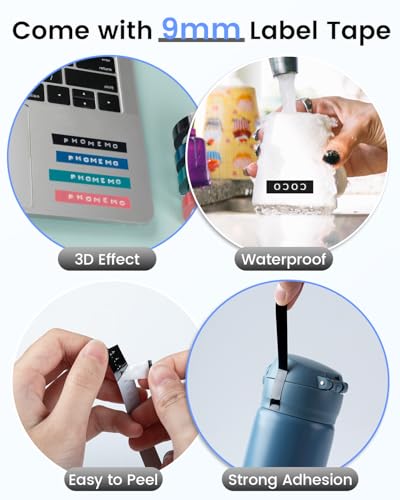 Phomemo Etikettiergerät, 3D Prägegerät E975, Tragbarer Beschriftungsgerät, Schwarz Etikettenprägegerät mit 6 Etikettenband, Ergonomisches Design, für Haus