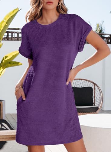 Image of EVALESS Womens Summer Dresses 2026 Fashion Short Sleeve Cute Spring Mini Dress Crewneck Casual Beach Vacation Dresses