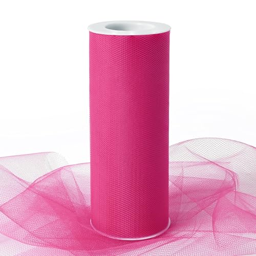 Image of Hot Pink Tulle Fabric Ribbon 6 Inch by 25 Yards Rolls Fabric Spool Tulle for Gift Wrapping Wedding Decorations Craft Supplies DIY Tutu Skirt Baby Shower Birthday Party