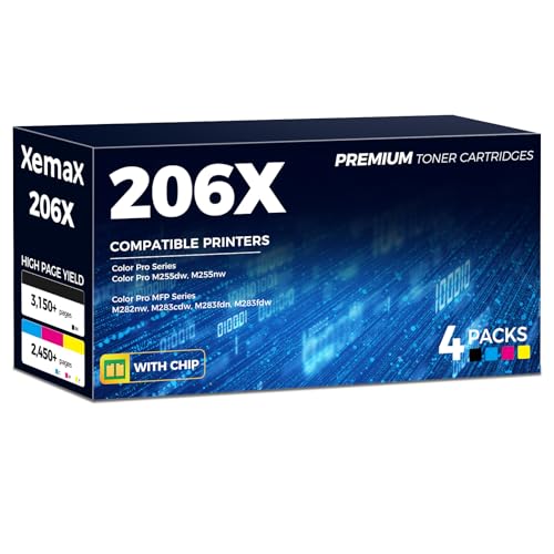 Image of 206X Toner Cartridges 4 Pack High Yield Compatible with HP 206X 206A W2110X W2111X W2112X W2113X Replacement with Laser Jet Color Pro M255dw M255nw, MFP M282nw M283cdw M283fdn M283fdw