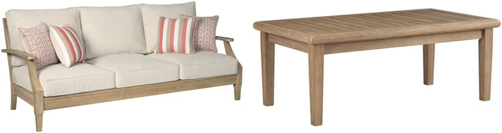 Signature Design by Ashley Clare View Coastal Outdoor Patio Eucalyptus Sofa with Cushions, Beige & Clare View Coastal Outdoor Patio Eucalyptus Loveseat with Cushions, Beige : Patio, Lawn & Garden