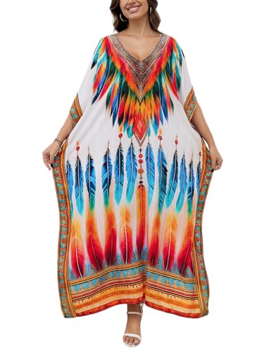Image of IMAGEKOPE Women's Plus Size Loose Fit Moroccan Print V-Neck Batwing Kaftan Beach Dress Bathing Suit Cover Up
