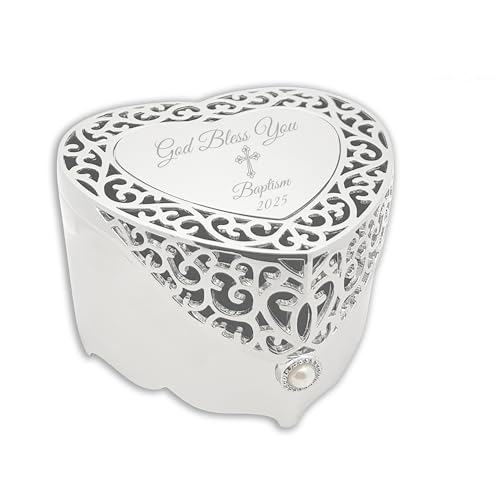 Cherished Moments Baptism Gift for Girls Jewelry Keepsake Box with Heart-Shaped Filigree Design and Engraved Cross, Silver Toned
