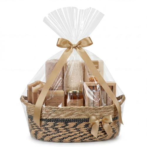 Colingmill Woven Gift Basket with Gift Bag & Ribbon, 14 x 10 x 5.5 Inch Natural Wicker Storage Basket, Handmade Rectangular Favor Hamper for Birthday, Wedding, Baby Shower, Housewarming