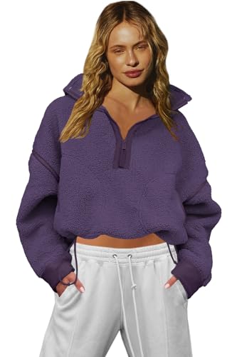 LAMISSCHE Half Zip Sweatshirt Women Oversized Sherpa Jacket V Neck Fleece Pullover Hoodie with Pockets(Purple,S)