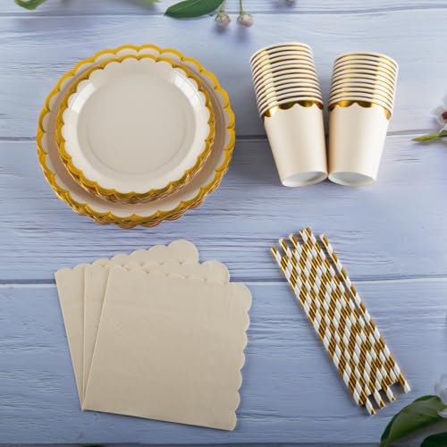125PCS Beige Party Tableware Set - Beige & Foil Gold Scalloped Paper Plates, Cups, Napkins, Straws for 25 Guests, Party Supplies for Birthday, Picnic, Wedding, Baby Shower - Image 5