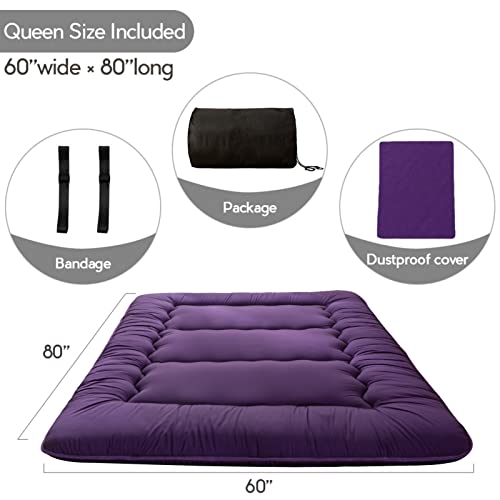 Image of MAXYOYO Japanese Floor Futon Mattress, Roll Up Floor Mattress for Adults Foldable Tatami Mat Sleeping Pad Dormitory Couch Lounger, Purple, Queen Size